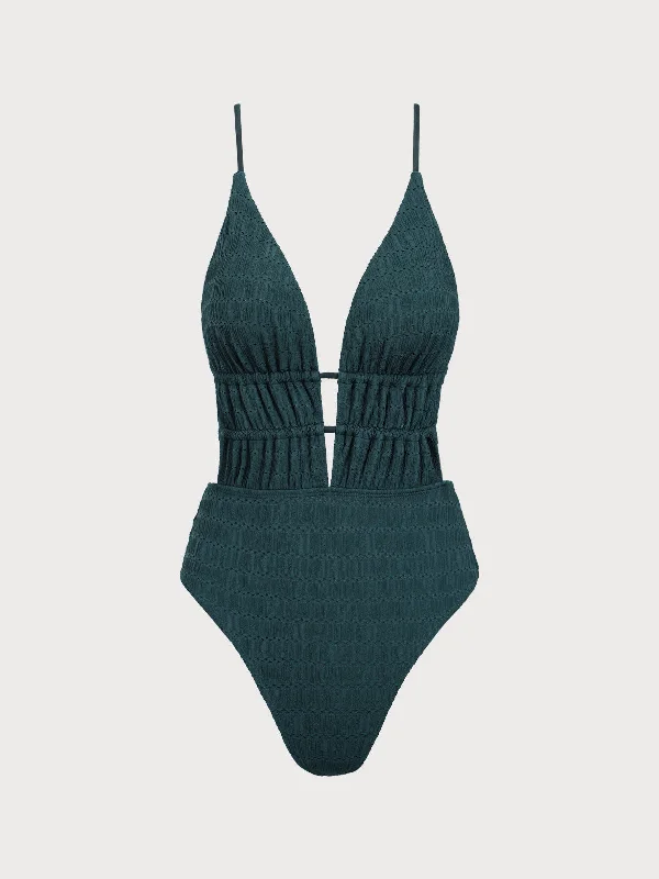 Dark Green Textured Plunge One-Piece Swimsuit