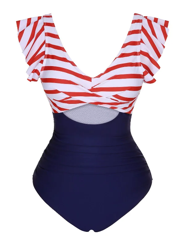 1930s Ruffled Striped One-Piece Swimsuit