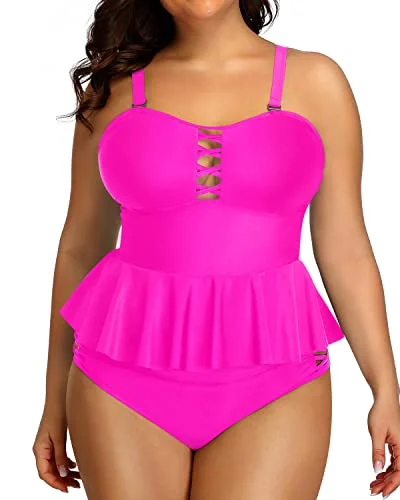 Women's Plus Size Tummy Control Peplum Tankini Swimsuit-Neon Pink