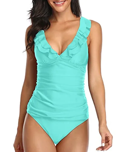 Women's 2 Piece Falbala Ruffle Flounce Tankini Swimsuits Ruched Bathing Suits-Aqua