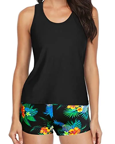 Modest Tankini Set Boyshort For Women-Black Pineapple