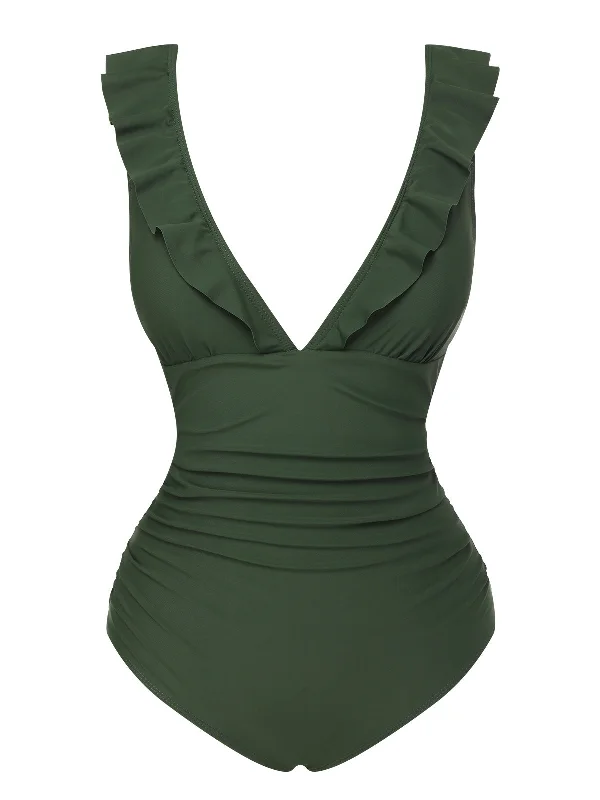 Army Green 1950s Solid Ruffles V-Neck Swimsuit