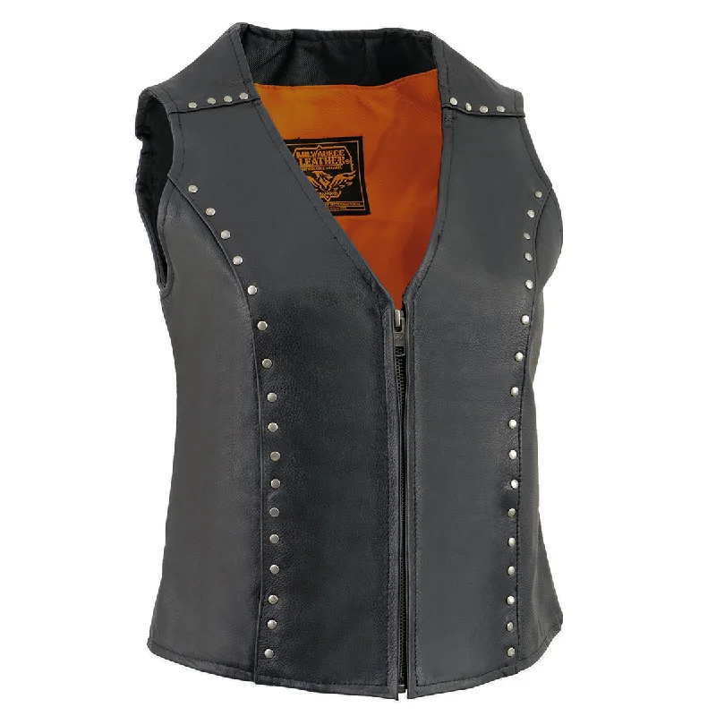 Milwaukee Leather ML2078 Women's Black Premium Leather Motorcycle Rider Vest- Studding Detail with Front Zip Closure