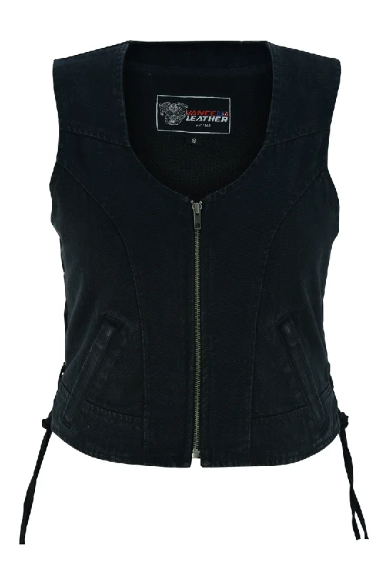 VB1042 Women's Black Denim V Neck Vest with Zipper & side laces