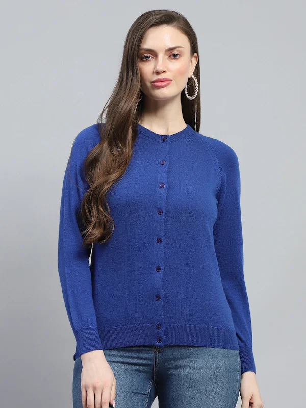 Women Blue Solid Round Neck Full Sleeve Cardigan