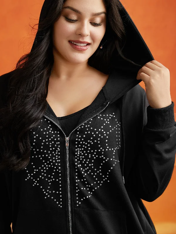 Diamond Embellished Spiderweb Zipper Sweatshirt