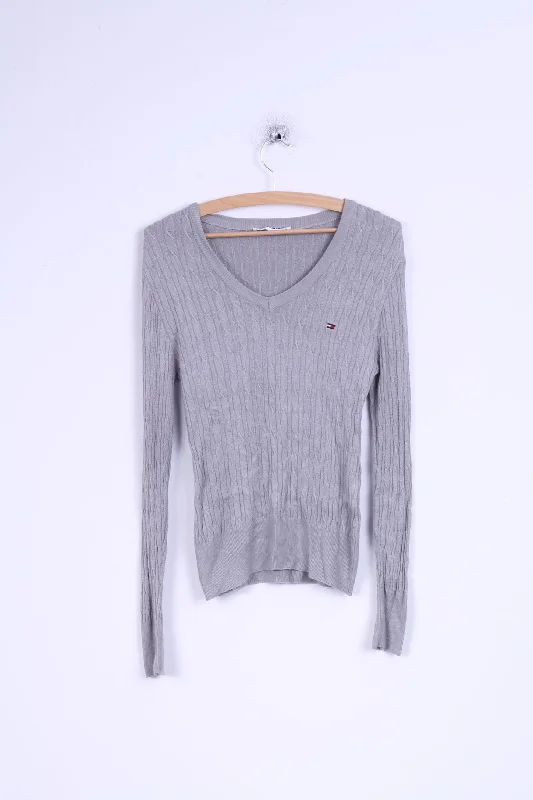 Hilfiger Sport Womens L (S) Jumper Grey Stretch V Neck Sweater Italy