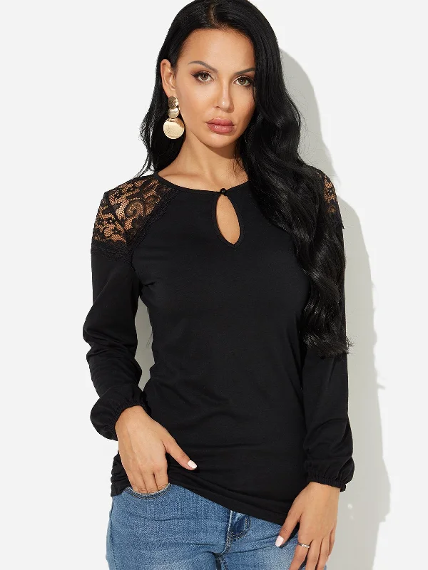 Custom Crew Neck Plain Lace Cut Out Long Sleeve Black T-Shirts