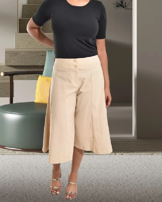 Beige Wide Leg Linen Capri Pants