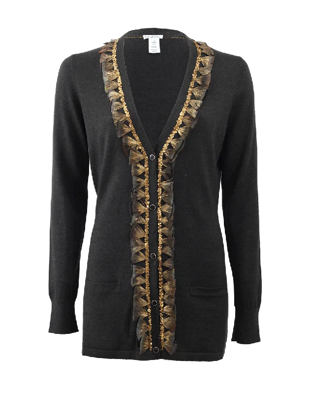 Long Cardigan With Feather Embroidery