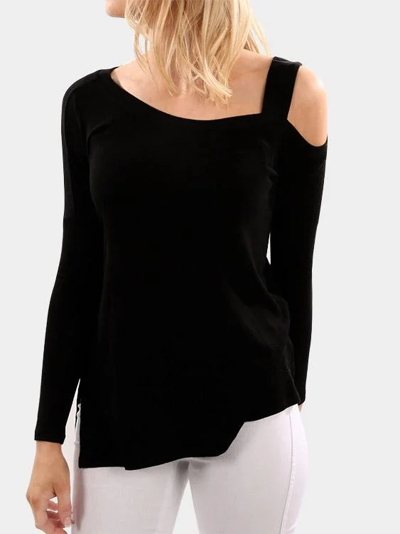 Custom One Shoulder Long Sleeve Slit Hem Black T-Shirts