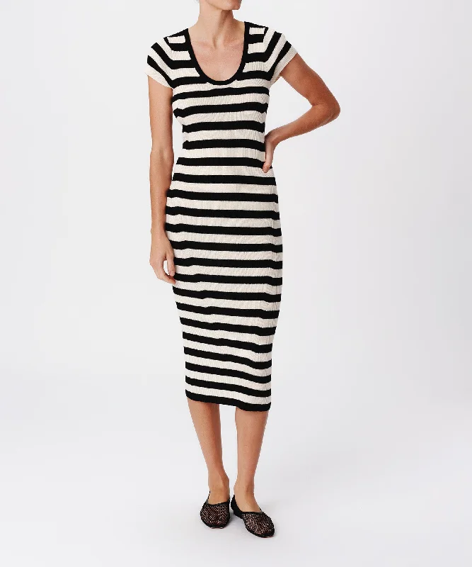 Wool Blend Striped Cap Sleeve Dress - Black-Chalk