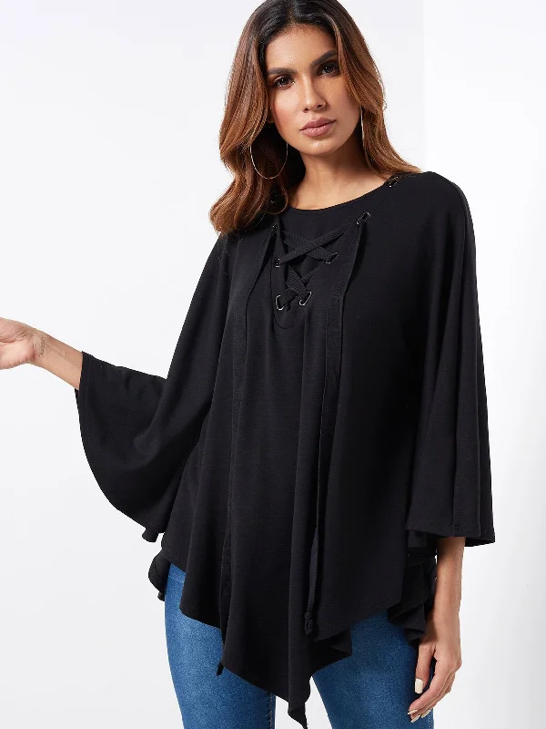 Custom Round Neck Lace-Up Long Sleeve Irregular Hem Black T-Shirts