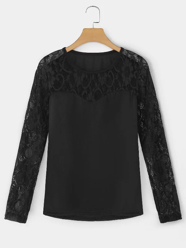 Custom Round Neck Lace Long Sleeve Black Tees