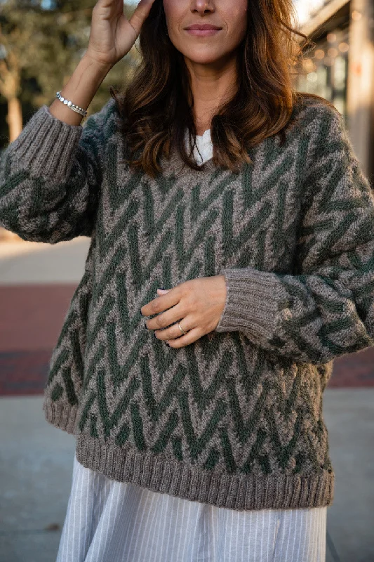 Maeve Textured V Knit Pullover in Green and Beige - L/XL Left