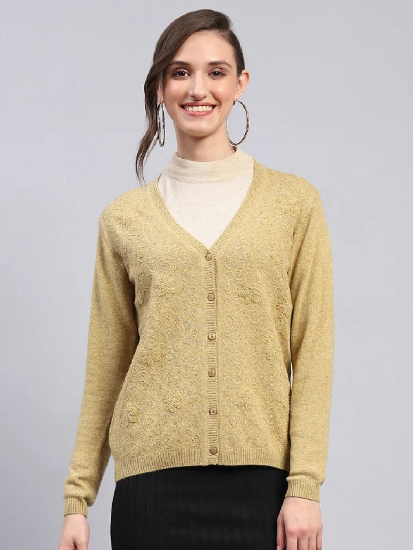 Women Mustard Self Design V Neck Full Sleeve Cardigan