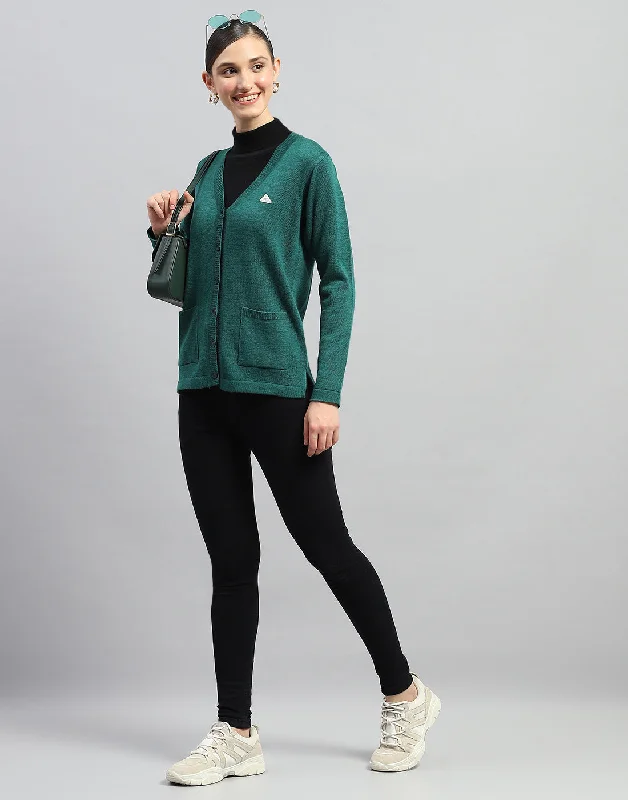 Women Green Solid V Neck Full Sleeve Cardigan