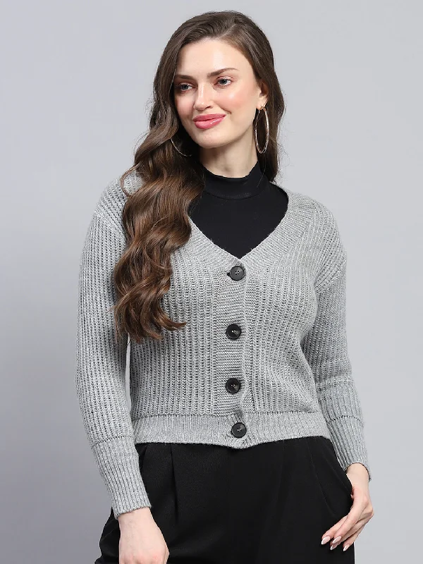 Women Grey Self Design V Neck Full Sleeve Cardigan