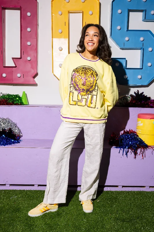 Licensed Pale Yellow Sequin Vintage LSU Tiger Head Sweatshirt