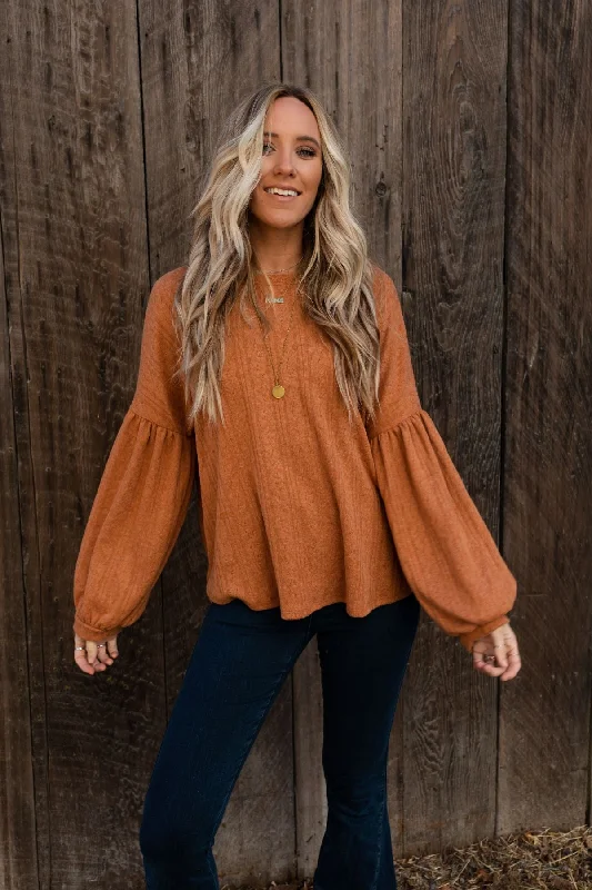 The Nest Sweet Heart Balloon Sleeve Knit Sweater - Burnt Orange