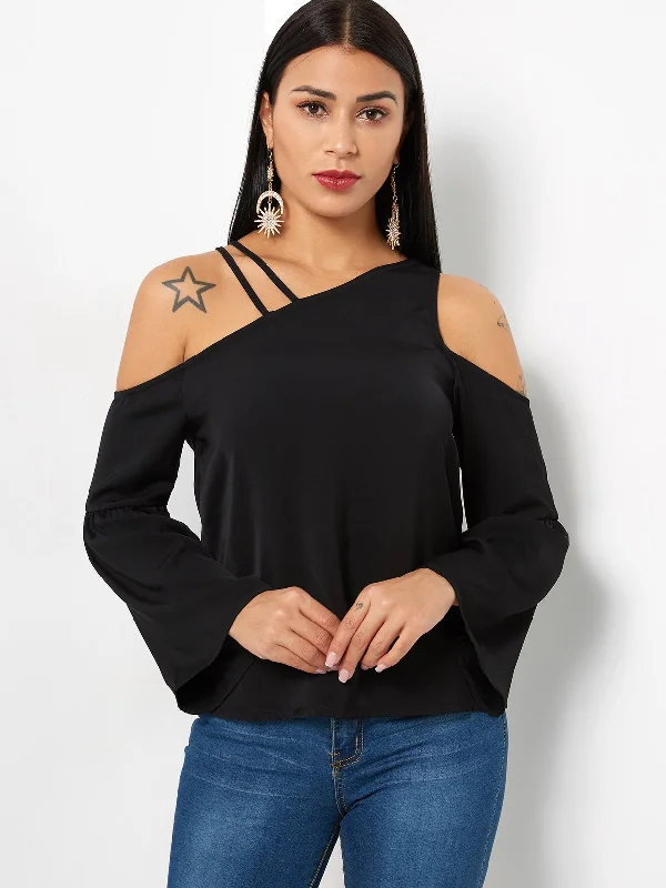 Custom Halter Asymmetrical Plain Long Sleeve Black T-Shirts