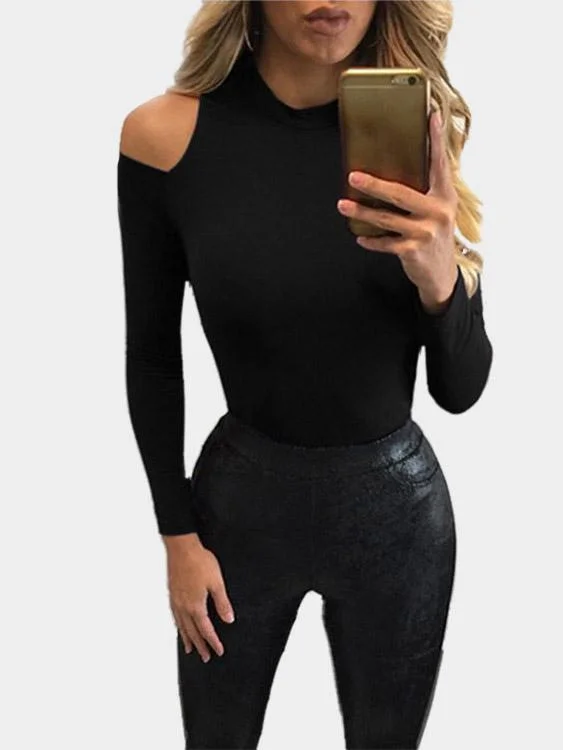 Custom Round Neck Cold Shoulder Long Sleeve Bodycon Hem Black Top