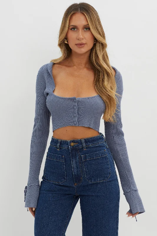 Pippi Flared Cuff Knit Crop Top Dusty Blue