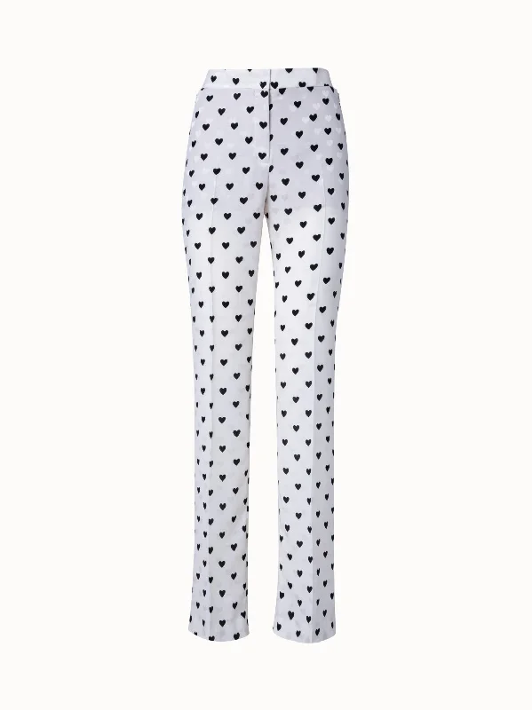 Straight Leg Silk Pants with Hearts Jacquard and Print