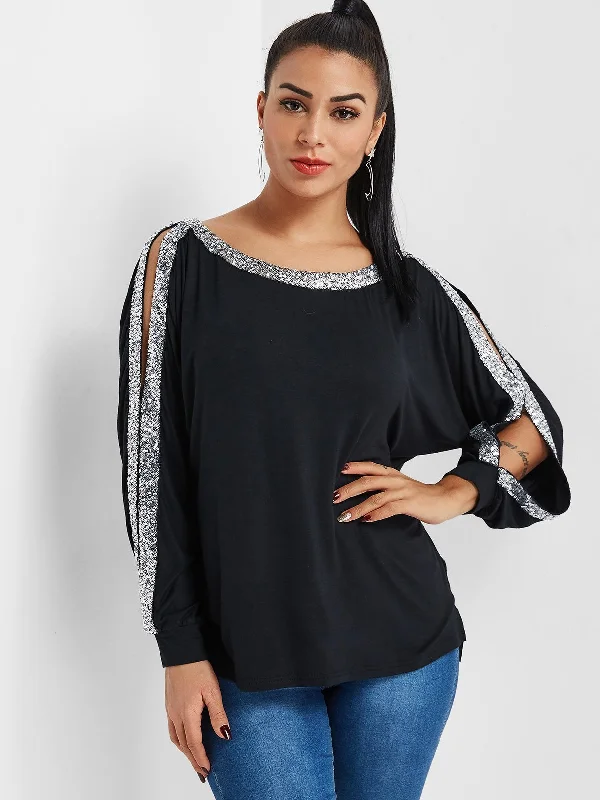 Custom Round Neck Cut Out Sequins Embellished Long Sleeve Black Top