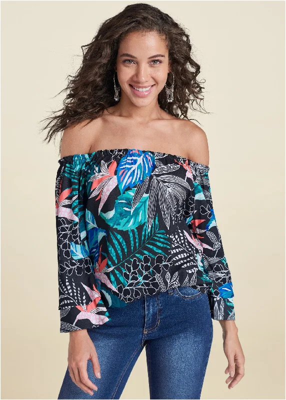 Off-Shoulder Printed Top - Blue Multi