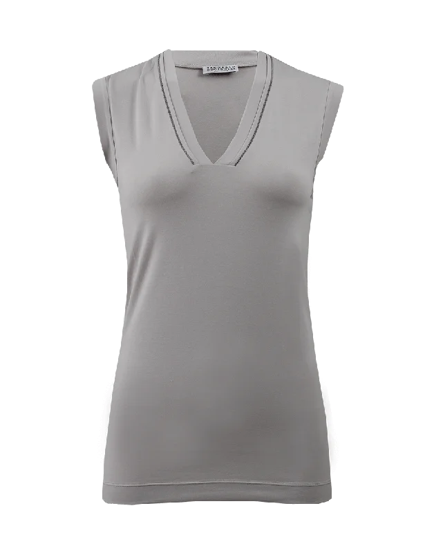 V-Neck Tank With Monili Trim