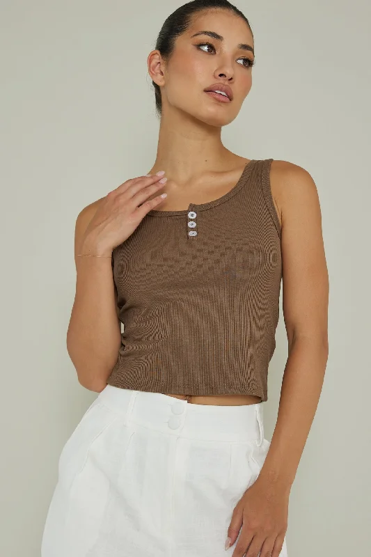 Recess Thick Strap Ribbed Top Brown