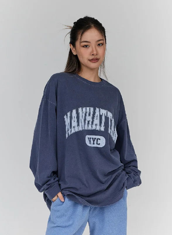 Lettering Print Oversize Long Sleeve T-Shirt Unisex CN21