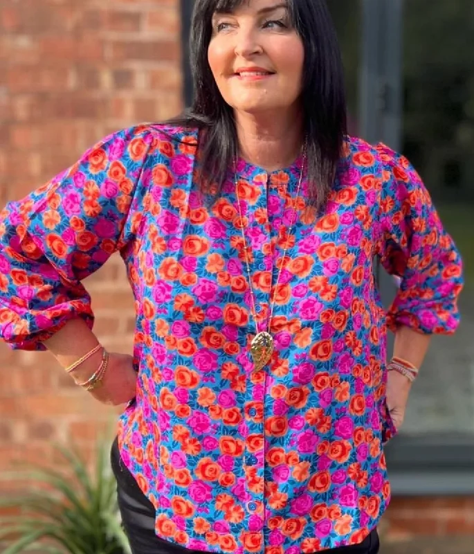 Vibrant Rose Print Notch Neck Blouse