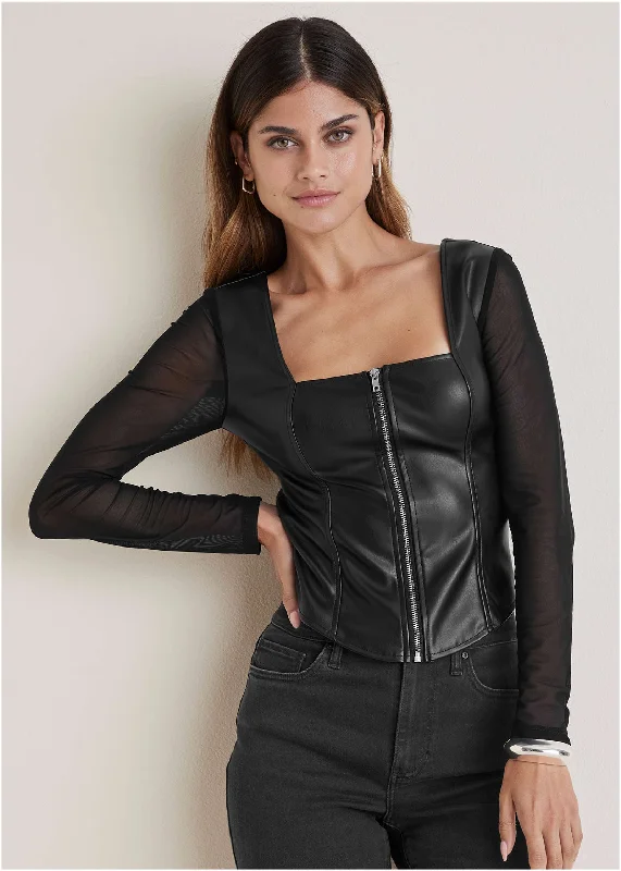 Faux Leather Zipper Top  - Black