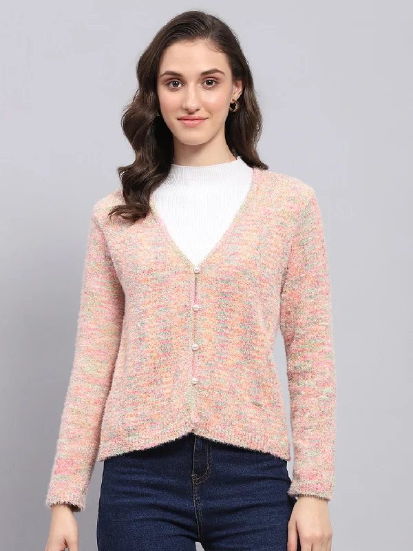 Women Pink Self Design V Neck Full Sleeve Cardigan