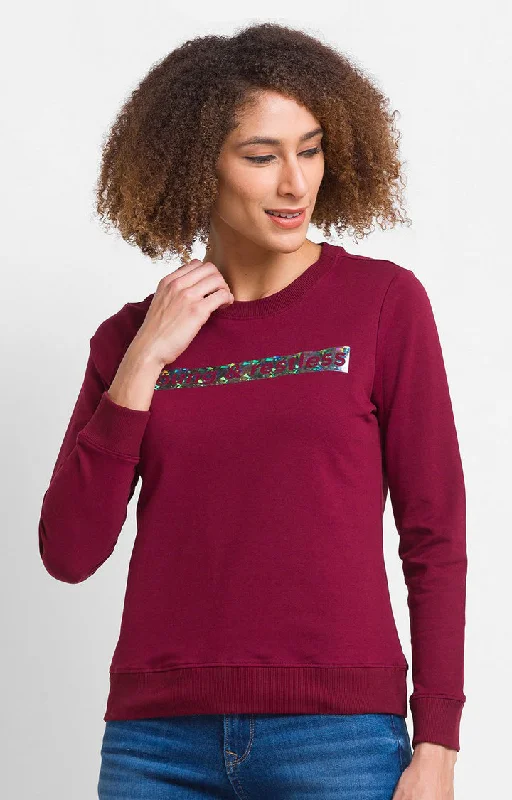 Spykar Wine Cotton Blend Full Sleeve Round Neck Sweatshirts For Women