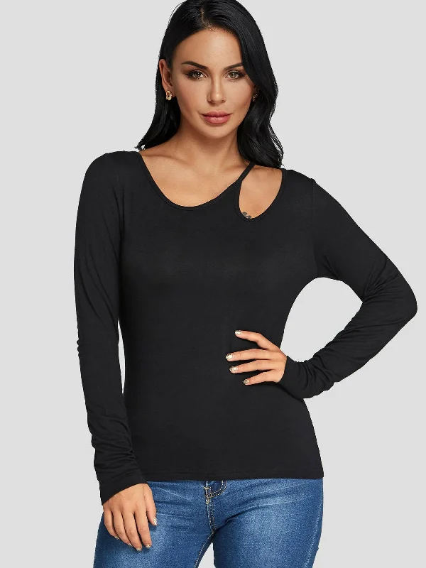 Custom Round Neck Cut Out Long Sleeve Black T-Shirts