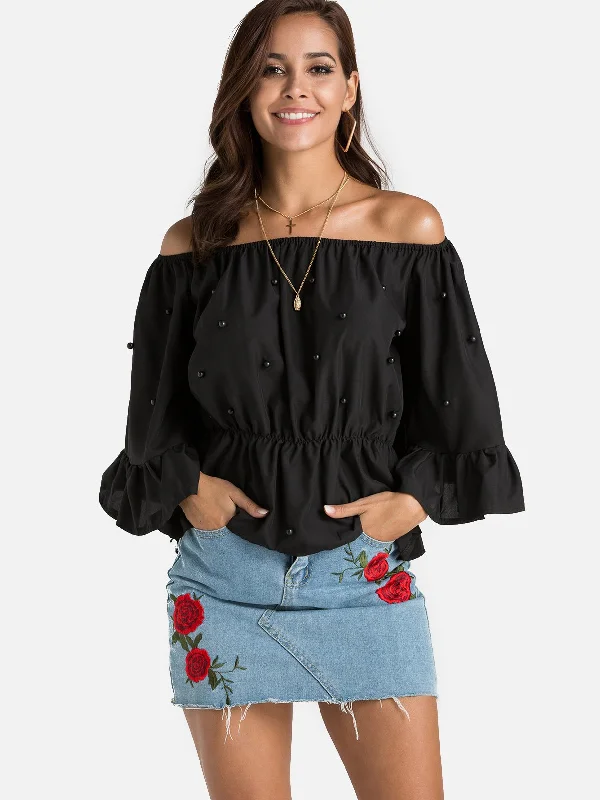 Custom Off The Shoulder Long Sleeve Black Top