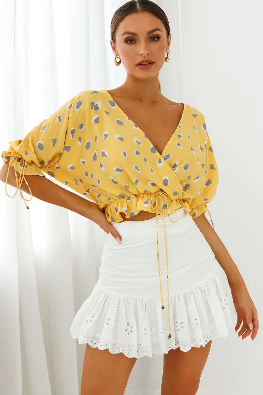 Distant Sun Drawstring Waist Crop Top Animal Print Yellow