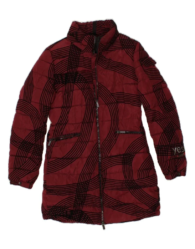 DESIGUAL Womens Padded Coat EU 38 Medium Burgundy Striped Polyester