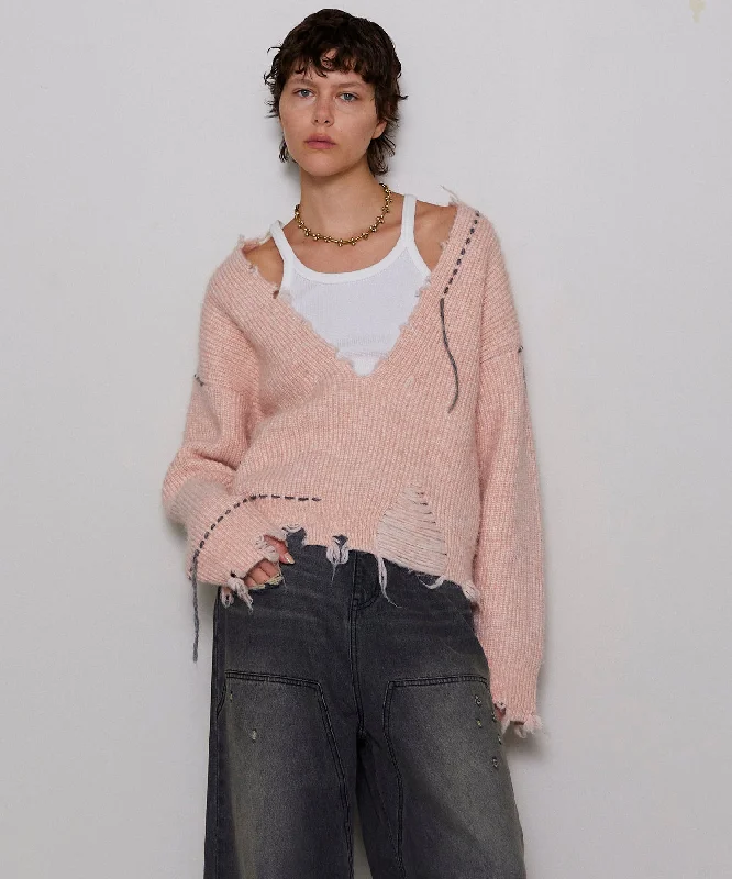 [24Autumn Pre-Order] Hand Stitch Deep V-Neck Knitwear