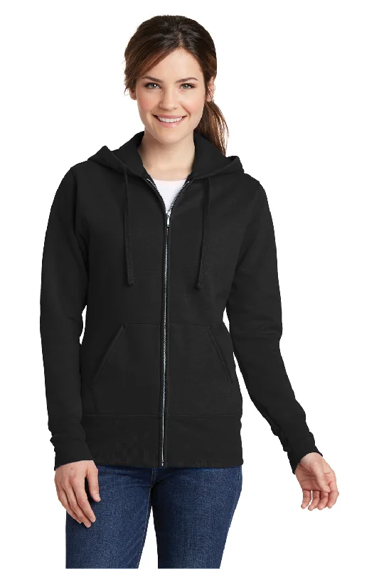 Port & Company Womens Core Pill Resistant Fleece Full Zip Hooded Sweatshirt Hoodie w/ Pockets - Jet Black