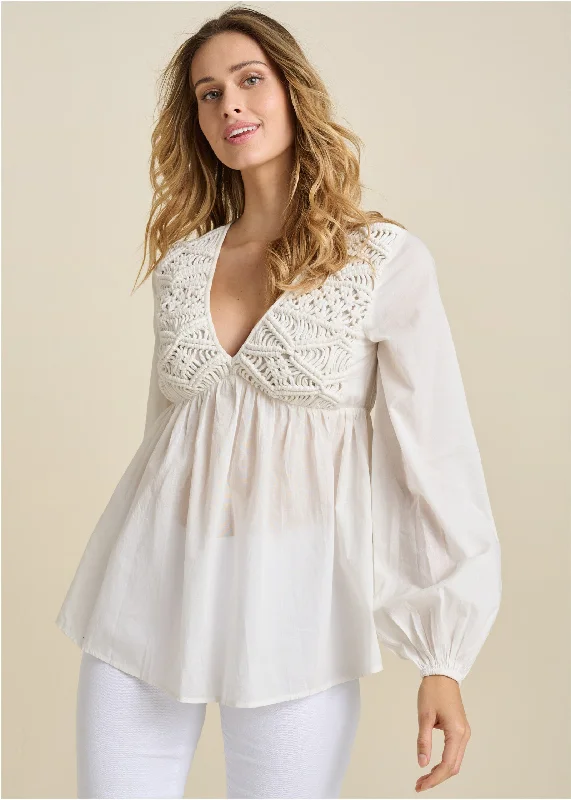 Macrame Babydoll V-Neck Top - Off White