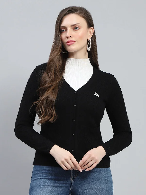 Women Black Self Design V Neck Full Sleeve Cardigan