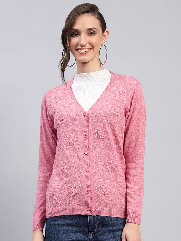 Women Pink Self Design V Neck Full Sleeve Cardigan