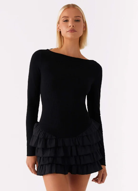 Moon Rising Long Sleeve Mini Dress - Black