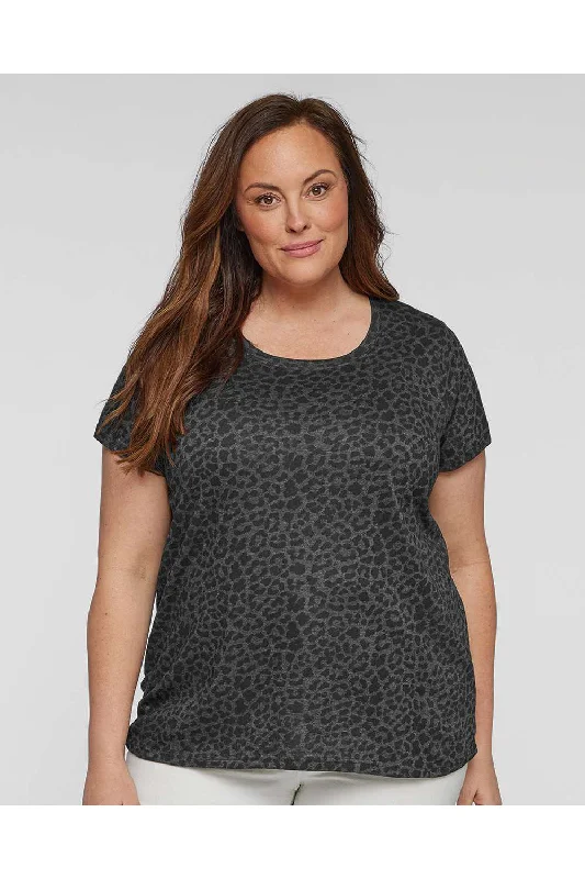 LAT Womens Curvy Collection Fine Jersey Short Sleeve Crewneck T-Shirt - Black Leopard - Closeout