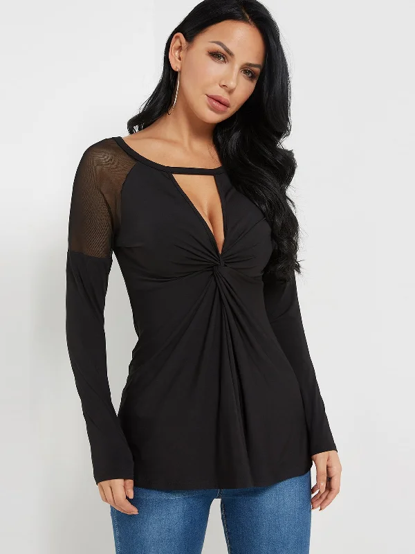 Custom Round Neck Cut Out Pleated Long Sleeve Black Top