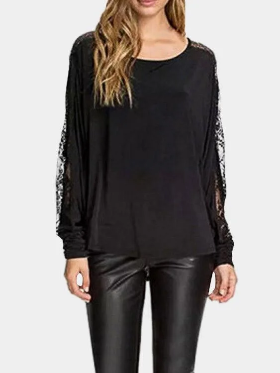 Custom Round Neck Lace Long Sleeve Black Tee